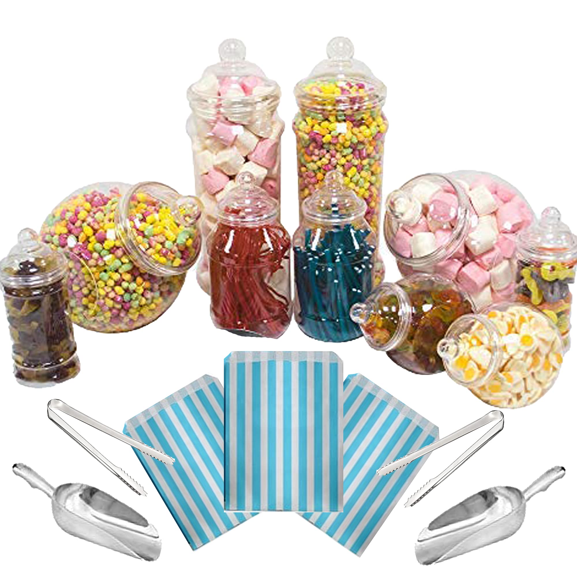 10 Mixed Jar Retro Pick & Mix Victorian Sweet Shop Candy Buffet Kit Party Pack with Scoops, Tongs & Bags - Light Blue Stripe Bags
