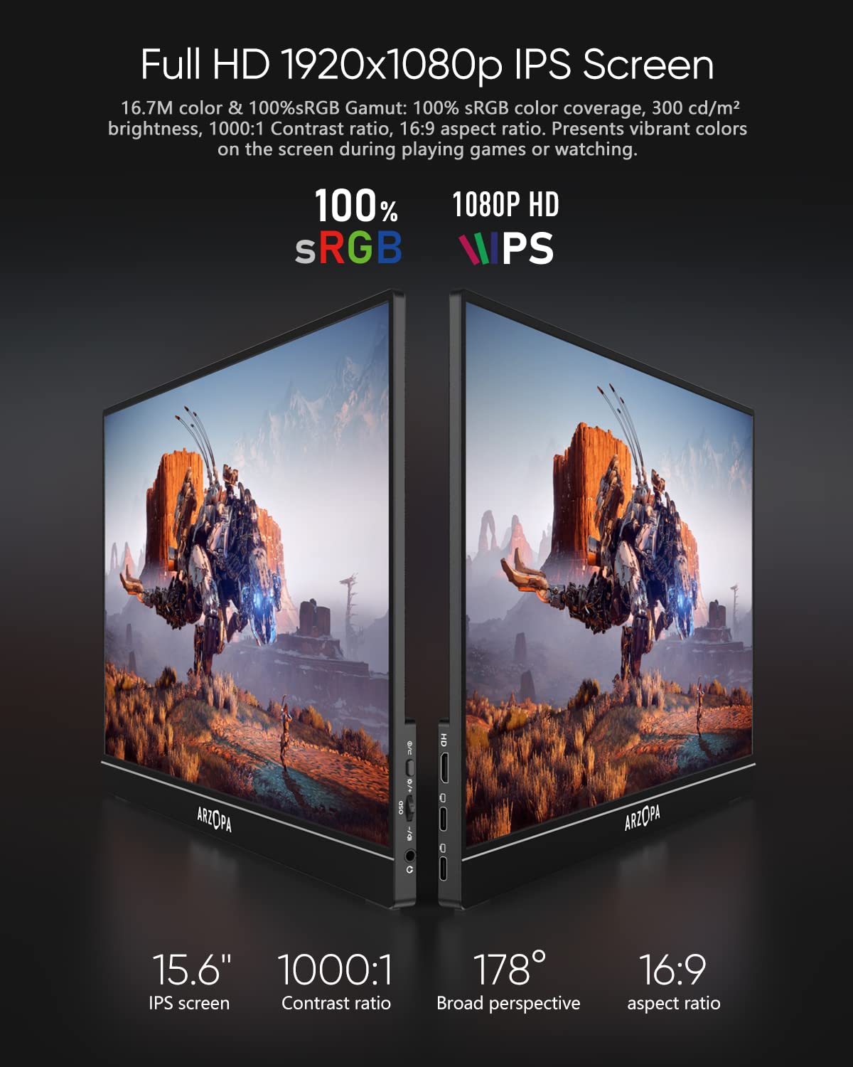 ARZOPA 16.1'' 144Hz Portable Gaming Monitor, 106% sRGB 1080P FHD Portable Monitor with HDR, Ultra Slim, Eye Care, External Second Screen for Laptop, PC, PS5, Mac, Xbox, Switch-G1 Game