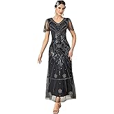 MTITE Women's Flapper Dress 1920s V-Neck Evening Gown Sequin Beaded Maxi Dress for Wedding
