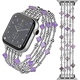 Silvery Metal Beaded Bracelet Compatible with Apple Watch Band 38mm/40mm/41mm Series 10 9 8 7 SE Women, Fashion Simple Amethyst Lucky Clover Handmade Stretch Strap for iWatch Series SE（Silver&Violet/38M）