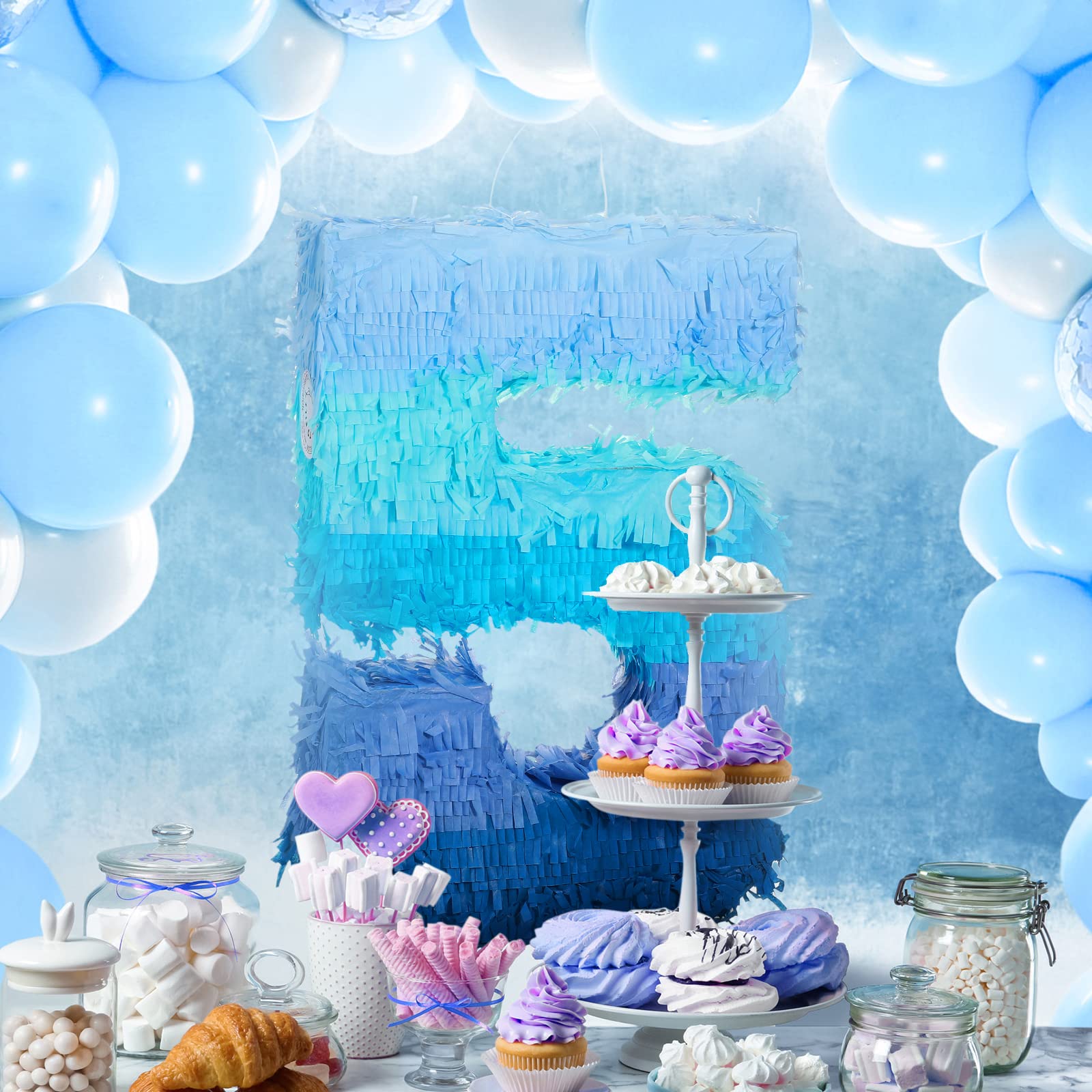 Sratte Number 1 2 3 4 5 6 7 8 9 Piñata with Stick Blindfold Confetti, Gradient Blue Piñata for Kids Boys Girls Birthday Party Anniversary Decorations Supplies(Number 5)