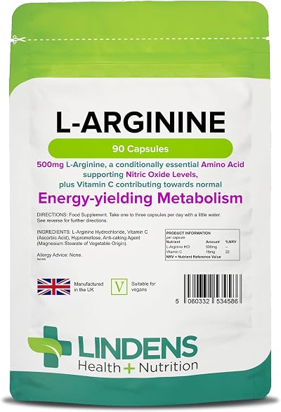 Lindens L-Arginine 500mg 90 Capsules UK Made Nitric Oxide Supports Vascular