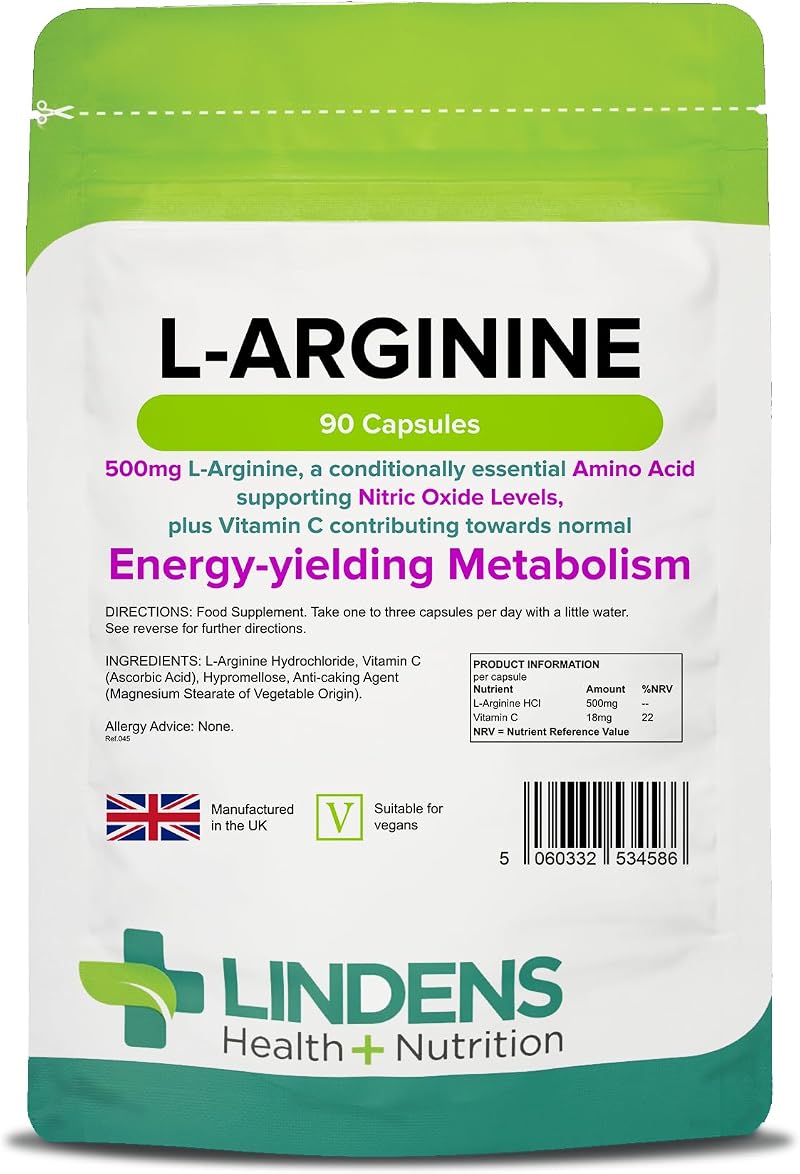 Lindens L-Arginine 500mg 90 Capsules UK Made Nitric Oxide Supports Vascular