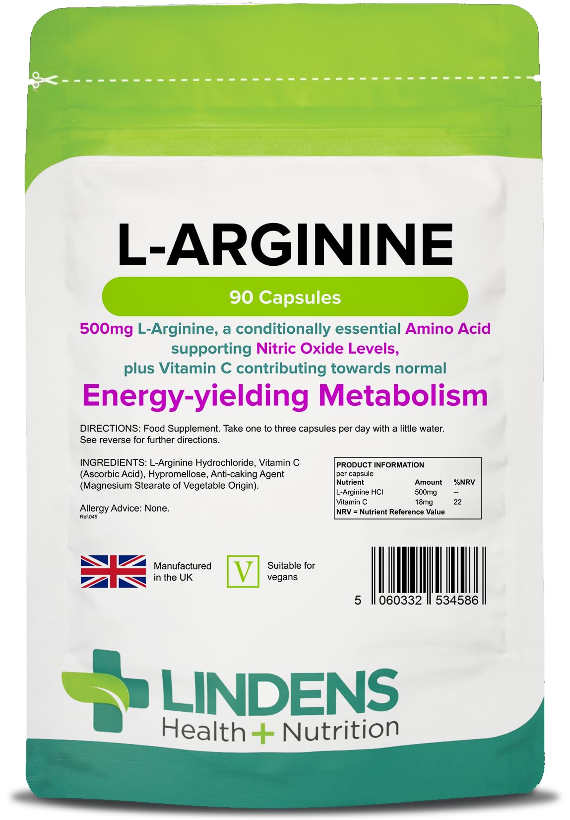 Lindens - L-Arginine 500mg, 90 Capsules - UK Made - Amino Acid with Vitamin C - Supports Nitric Oxide Levels, Contributes to Vascular Performance & Metabolism - Letterbox Friendly