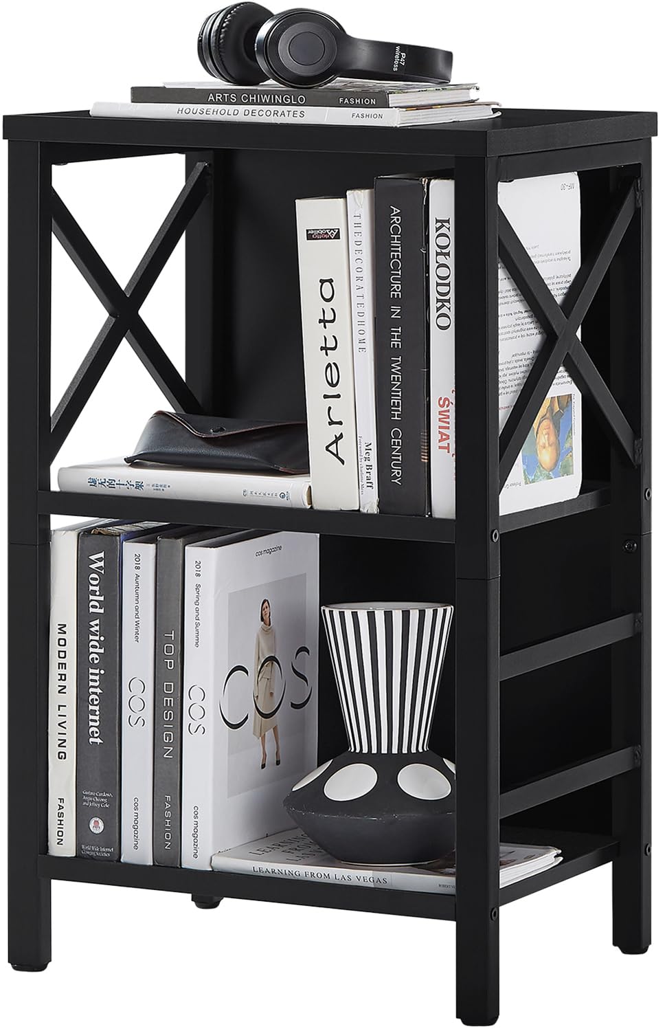 Photo 1 of MNEETRUNG Small Bookshelf,3 Tier Industrial Bookcase with Metal Frame and Backboard,Low Black Book Shelf,Book case for Small Spaces,Living Room,Bedroom and Home Office