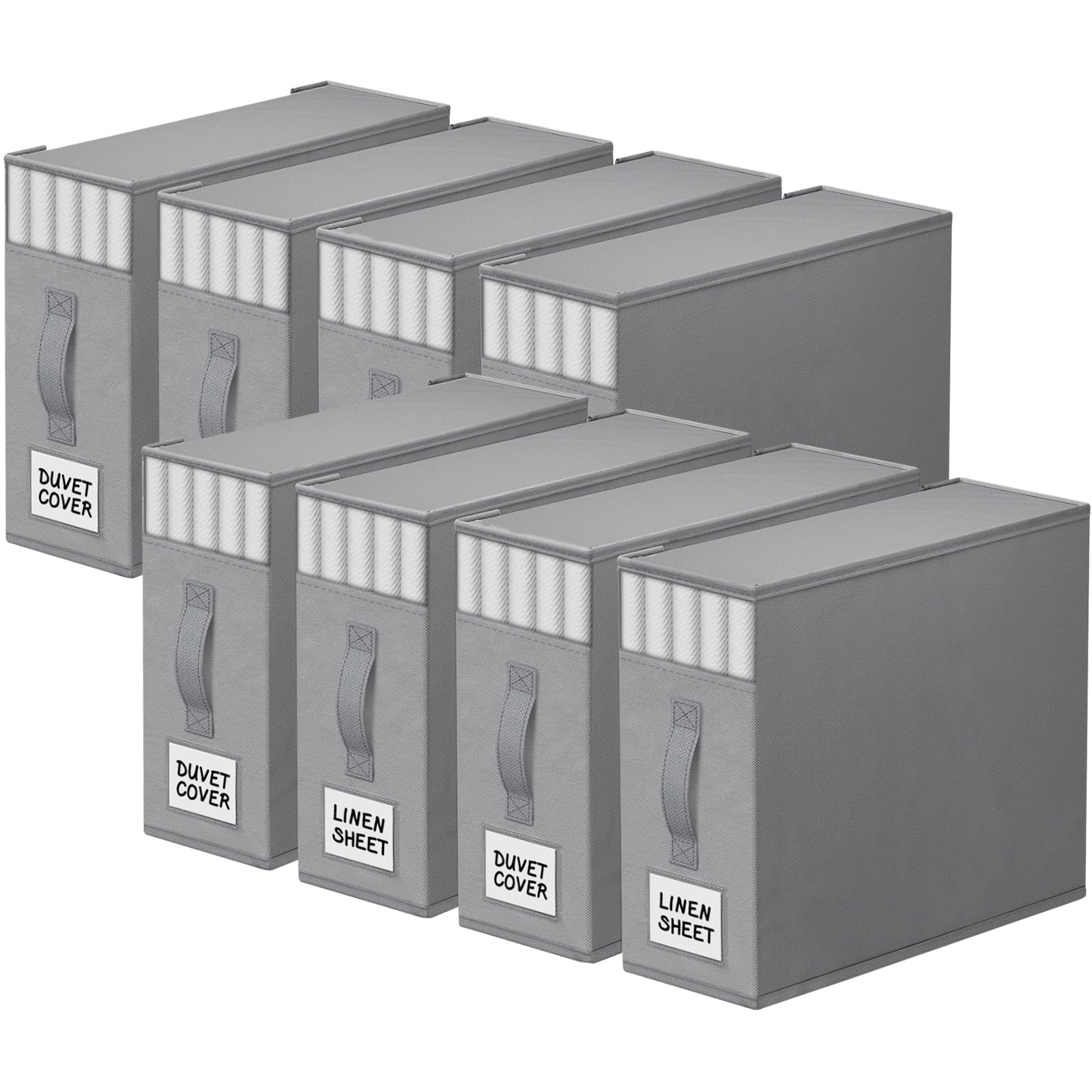 StorageTastic 8 Pack Bed Sheet Closet Organizers and Storage,Sturdy Foldable Storage Containers with Window and Label,Storage and Organization for Bedding Sheets,Duvet Covers,Blankets (Grey) Image