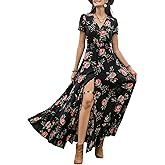 SGF11 Black Dresses for Women 2025 Floral Design V Neck Short Sleeve Maxi Dress Wear Casual Wedding Party