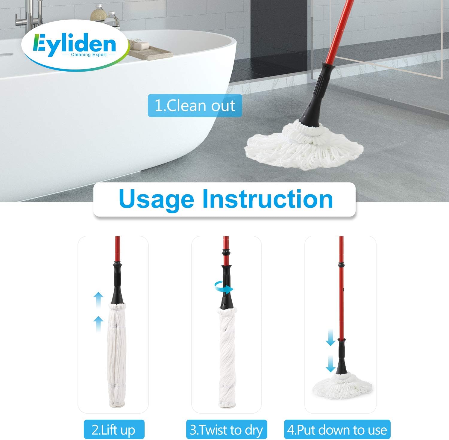 Eyliden Microfiber Twist Mop Silver 57.5 Inches Dust Mops Washing Mop Hand Release Floor Cleaning with 1 Removable Washable Heads Product and Packaging Upgrade (Red): Health & Personal Care