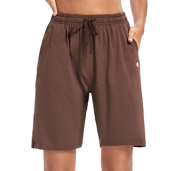 LUCKYCATCUS WOMEN’S BERMUDA SHORTS JERSEY SHORTS WITH POCKETS YOGA WALKING ATHLETIC LONG SHORTS FOR WOMEN KNEE LENGTH (BROWN, XS)