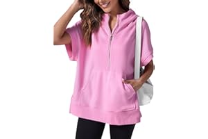 Fisoew Womens Oversized Half Zip Hoodies Short Sleeve Casual Sweatshirts Pullover Tops with Pockets
