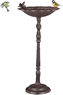 Relaxdays Vogeltränke Gusseisen Vogelbad mit Ständer, Wildvogeltränke für Garten, antikes Design,74,5cm hoch, Braun