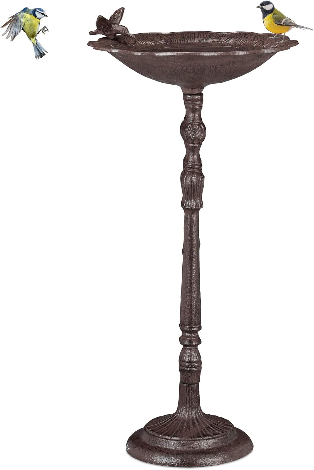 Relaxdays Vogeltränke Gusseisen Vogelbad mit Ständer, Wildvogeltränke für Garten, antikes Design,74,5cm hoch, Braun