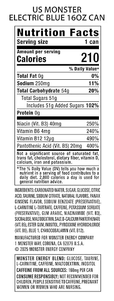 MONSTER ENERGY ELECTRIC BLUE, ENERGY DRINK, 16 OUNCE (PACK OF 15)