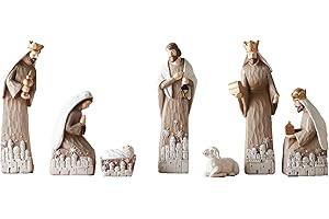 THE NATIVITY STORE A WORLDWIDE COLLECTION O Night Divine 7 Piece Set - Holy Family, Wise Men, Lamb - Intricate Wood-Carved Design Nativity Scene - The Nativity Store