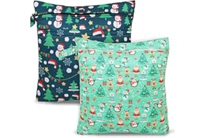 SANFERGE 2pcs Cloth Diaper Wet Dry Bags, Waterproof Reusable Wet Bag with 2 Zipper Pockets & Handle, Washable Laundry Bags for Baby Adult Clothes Travel Beach Pool Daycare Yoga Gym Exercise Swimsuits, 15.7*14.2 inch, Christmas 1