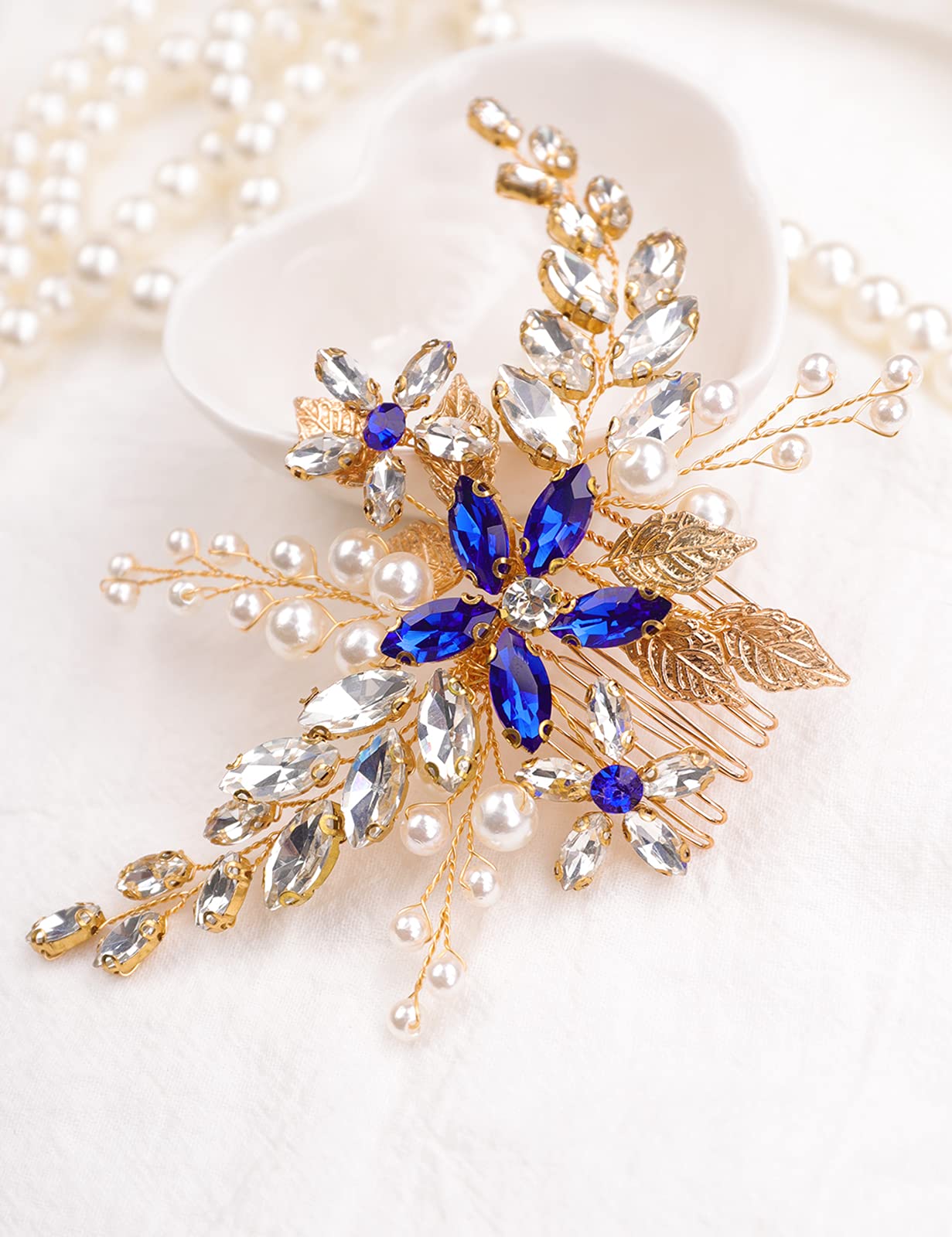 BERYUAN Women Sapphire Crystal Blue Flower Headpiece Leaf Pearl Hair Vine Comb Gold Wedding Hair Accessory Headpiece for Bride Bridesmaid(Gold)
