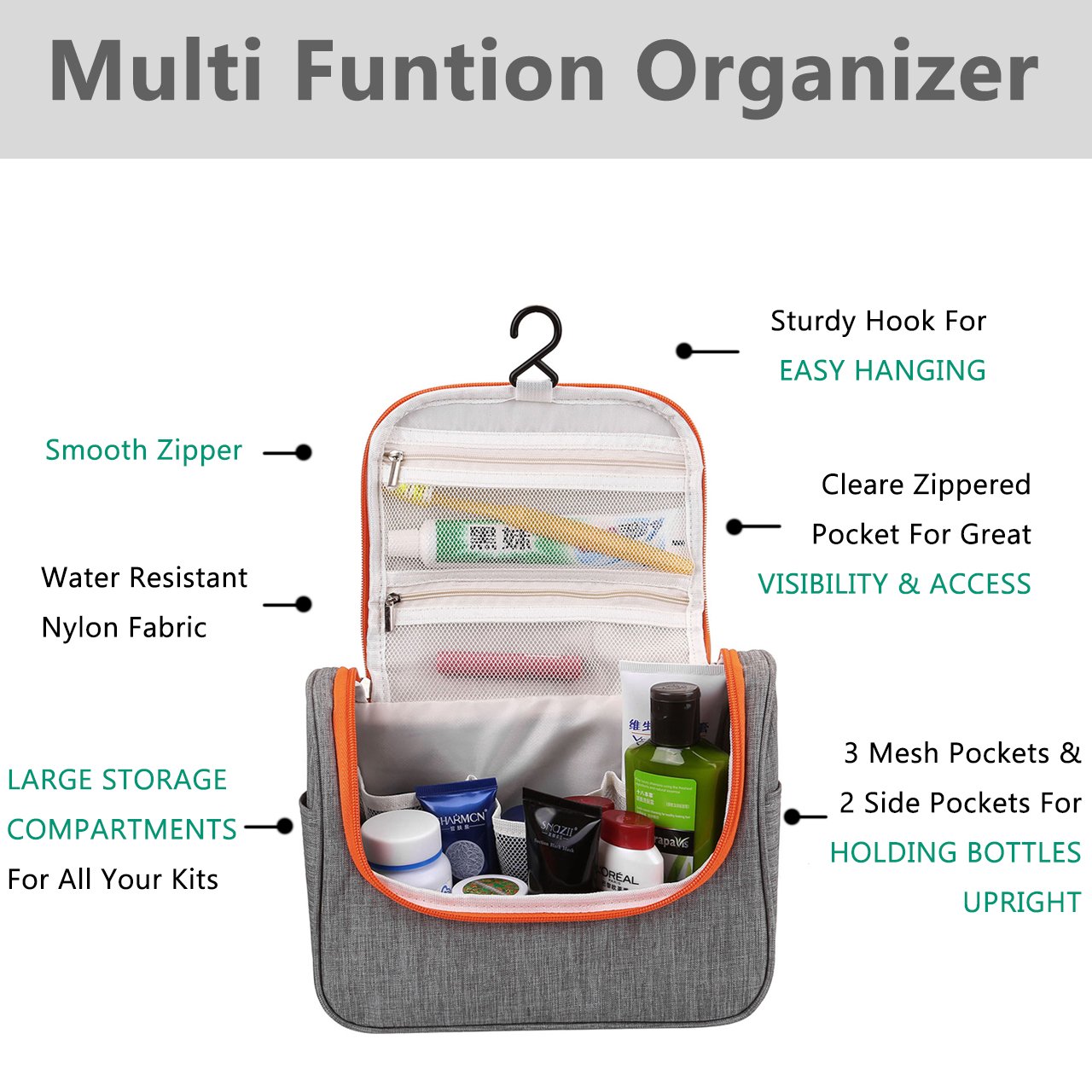 CozyCabin Hanging Toiletry Bag Travel Toiletry Kit for Men Women Toiletries Cosmetics Water Resistant with Mesh Pockets & Sturdy Nylon Hanging Hook Shower Bag, Organizer for Travel Accessories