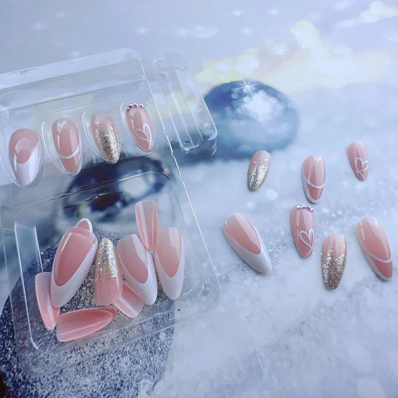 24PCS Valentines Day Press on Nails with White French Valentine's Love Heart Sparkling Glitter Heart False Nails Design Press ons Medium Almond Rhinestone Nails Valentine's Day for Women Girls - Image 3