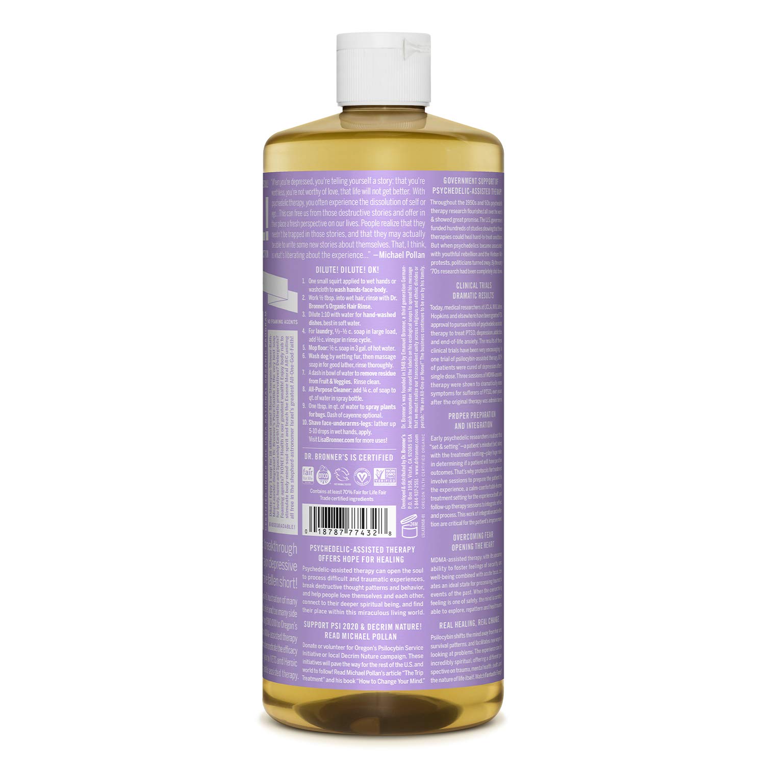 Dr. Bronner’s - Pure-Castile Liquid Soap (Lavender, 32 ounce, 2-Pack) - Made with Organic Oils, 18-in-1 Uses: Face, Body, Hair, Laundry, Pets and Dishes, Concentrated, Vegan, Non-GMO : Bath Soaps : Beauty