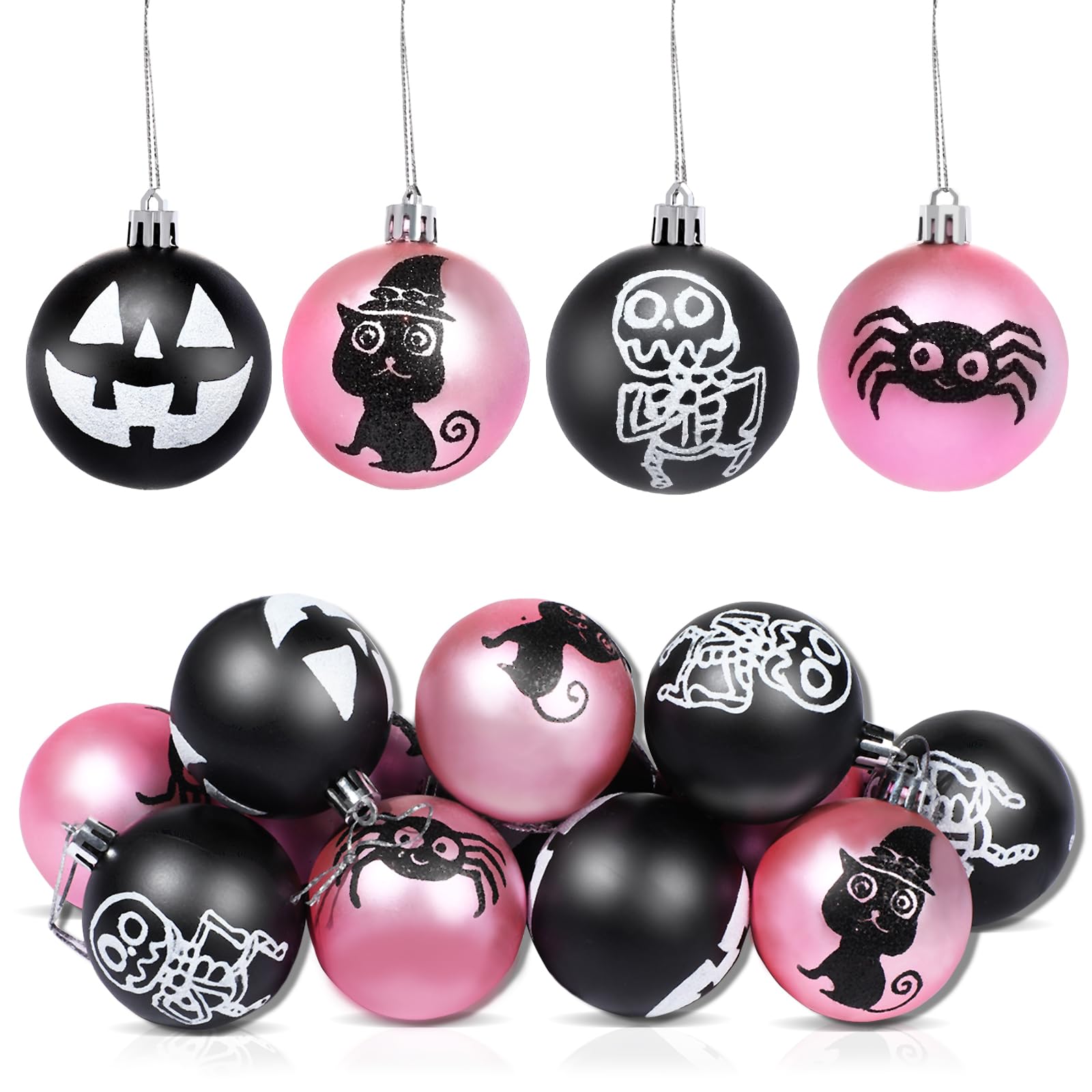 Photo 1 of RAYNAG 12 Pieces Halloween Ball Ornaments Halloween Tree Hanging Ornament Pink Black Shatterproof Balls Glitter Hanging Decorations for Holiday Party Decor Home Haunted House Christmas, 2.3 Inch