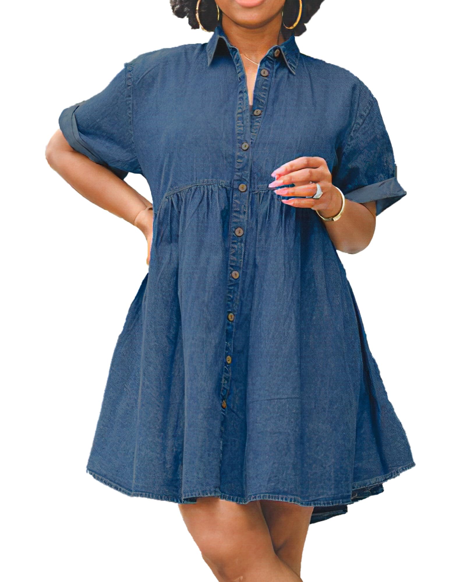 Photo 1 of TheyLook Womens Denim Babydoll Dresses Summer Outfits Button Down Ruffle Tiered Jean Dress - XL