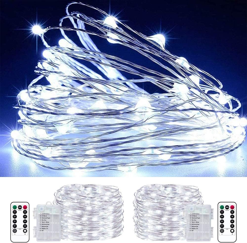 String Lights - LED Fairy String Lights Battery Operated,2 Pack 33ft 100 LED Waterproof Cool White Twinkle Firefly String Lights with Remote& 8 Lighting Modes Indoor Outdoor Christmas Patio Party Decor
