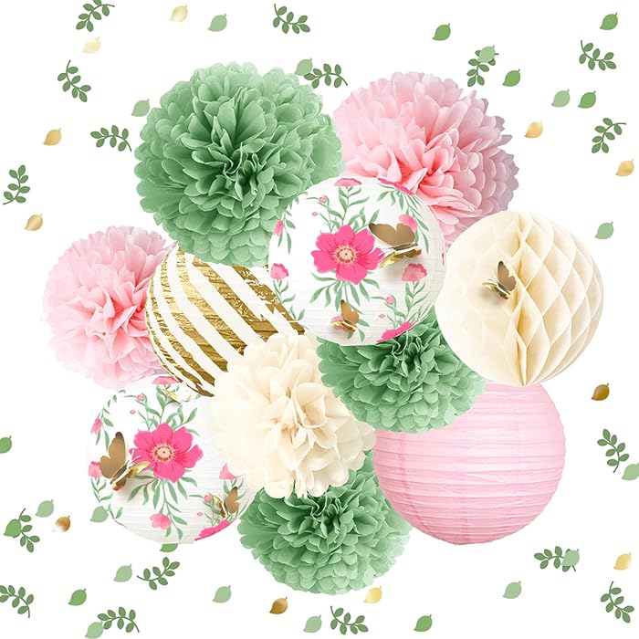 NICROLANDEE Butterfly Party Decorations -12PCS Green Pink Blooms Tissue Pom Poms Paper Lantern 3D Gold Confetti 50G for Garden Birthday Party, Fairy Party, Wedding, Baby Shower, Holiday, Home Decor