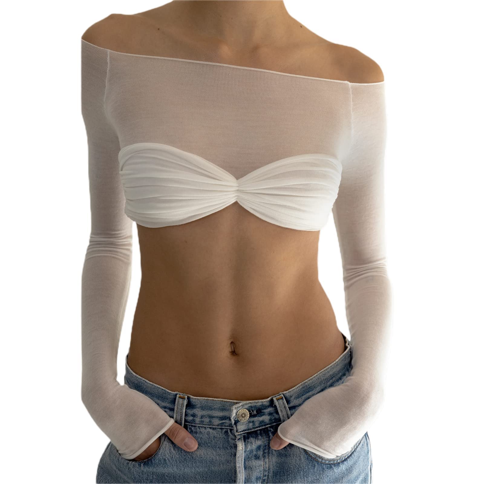 Photo 1 of Women's Sexy Crop Top Long Sleeve Off Shoulder Going Out Tops Slim Fit Mesh Ruched Twisted Blouse Y2K T Shirt