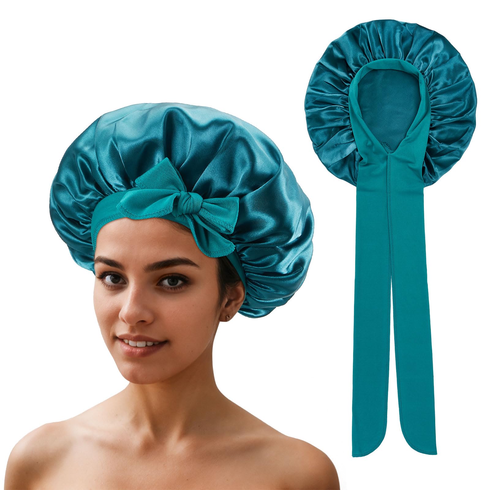 QIUTIMIY Satin Bonnet for Curly Hair,Bonnet Hair Wrap for Sleeping with tie, Hair Bonnet for Long Braid Hair,Green