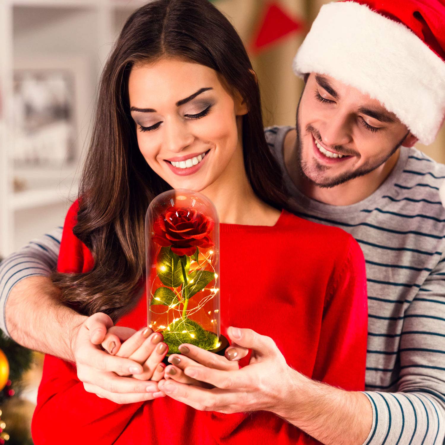 Zimer Enchanted rose, Red Rose gold lamp green grass in a Glass Dome with String LED Lights, table lamp Rose Gift for Mothers Day, Valentine\'s Day, Wedding, Birthday,Anniversary