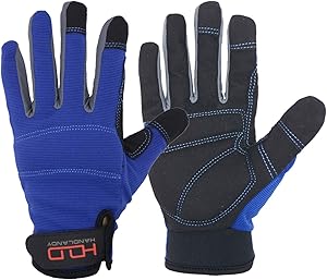 Handlandy Mens Work Gloves Touch screen, Synthetic Leather Utility Gloves, Flexible Breathable Spendex - Padded Knuckles & Palm (Medium, Blue)