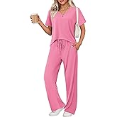 Ekouaer Women's 2 Piece Lounge Set Casual Summer Outfits Ribbed Short Sleeve & Wide Leg Pants Matching Set for Travel Home