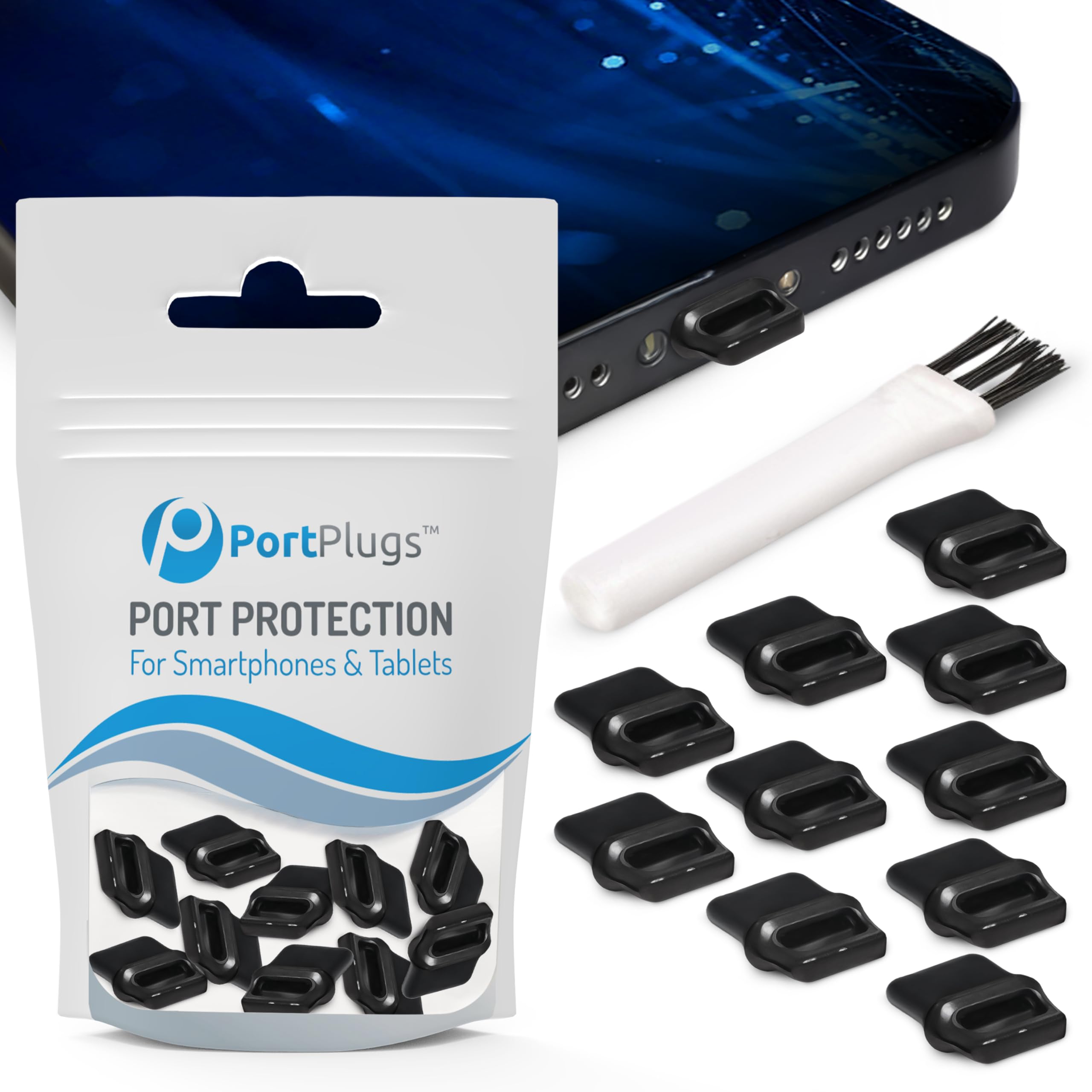 Photo 1 of PortPlugs USB-C Dust Plugs with Cleaning Brush - Compatible with iPhone 15/16/17 & Air, iPad Pro/Mini, MacBook Pro/Air, Galaxy S25/S24, Pixel, Kindle, Steam Deck & Type-C Devices | Black (10-Pack)