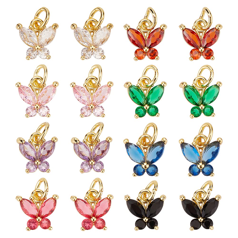 DICOSMETIC 16Pcs 8 Colors Cubic Zirconia Charms Brass Butterfly Charm Pendants Golden Inlaid Crystal Dangle Charms with 5mm Jump Rings Micro Pave Cubic Zirconia Pendants for DIY Jewelry Making