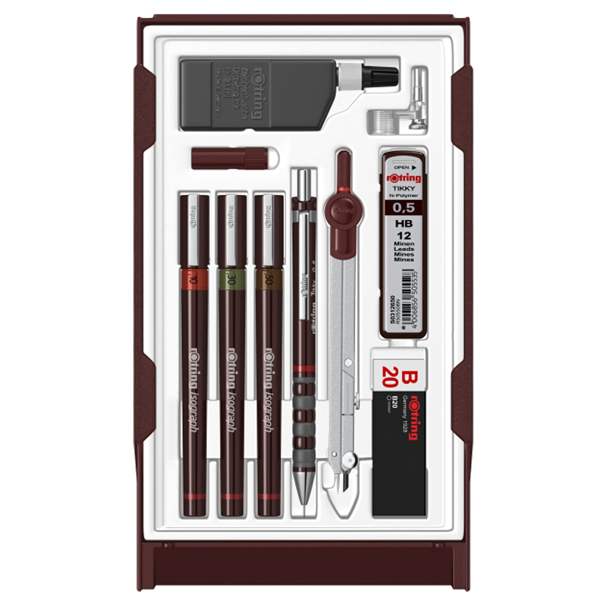 rOtring Isograph Technical Pen Master Set | 3 Fineliners (0.10mm0.30mm0.50mm)Mechanical Pencil (0.5mm)Compass & Accessories | 10-Piece Set in Case