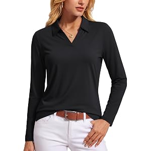 TACVASEN Women's Polo Shirts Long Sleeves Golf Tops V Neck Collared Shirt | Quick Dry Lightweight UPF 50+ Sun Protection Brea