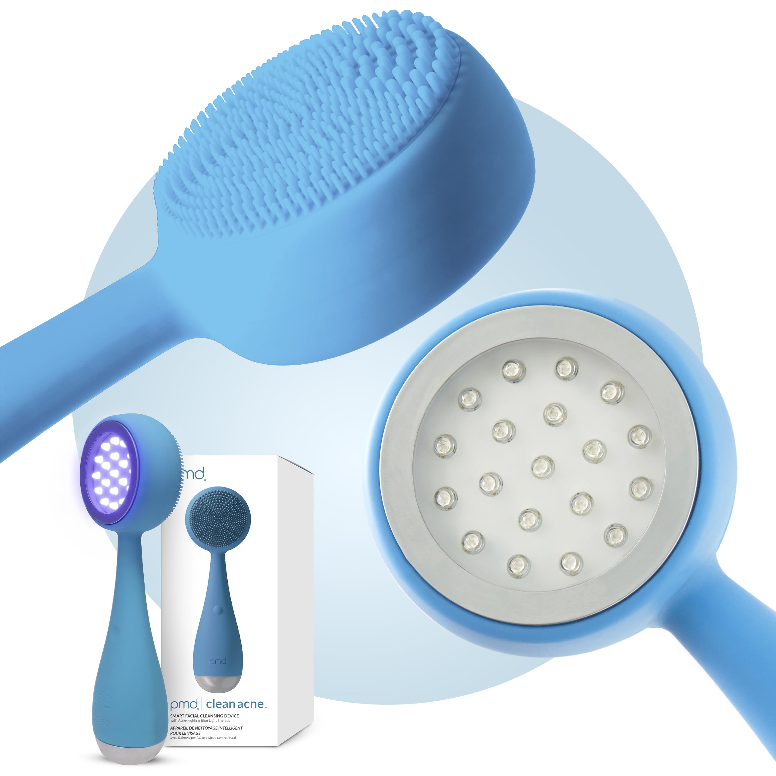 PMD Beauty Facial Cleansing Brush – Smart Silicone Brush with Blue Light Treatment – SonicGlow Vibration – Waterproof Device for Acne