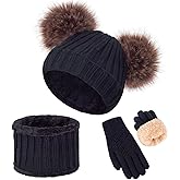 Kids Winter Beanie Scarf Gloves Set - Thermal Fleece Lined Knit Hat, Soft Neck Warmer & Mittens for Girls & Boys 1-10 Years
