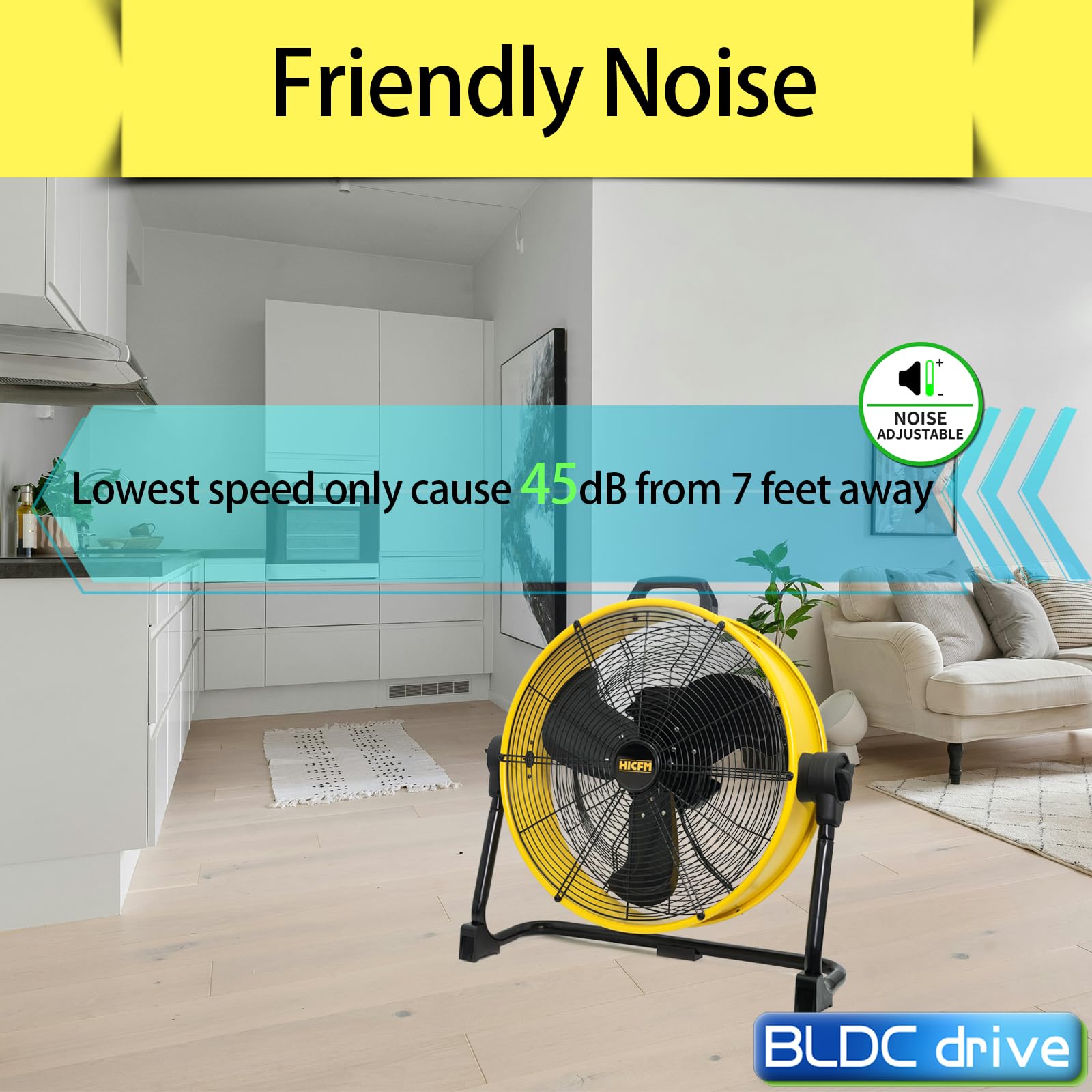 HiCFM 20 inch DC Motor Drum Fan, 6100 CFM High-velocity Air Circulator with 180-degree Pivoting Head 3-speed 1/12 HP Motor Large Airflow Turbo Shop Floor Fan - UL Listed