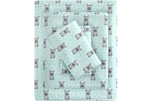 Sleep Philosophy True North Cozy Flannel Warm 100% Cotton Sheet - Novelty Print Animals Stars Cute Ultra Soft Cold Weather Bedding Set, Twin XL, Aqua French Bulldog 3 Piece