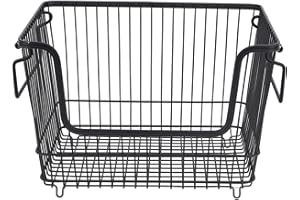 Freezer Storage Basket Stackable Heavy Duty Metal Wire Organizer Bin for Kitchen Home Use Black 330 x 265 x 220mm