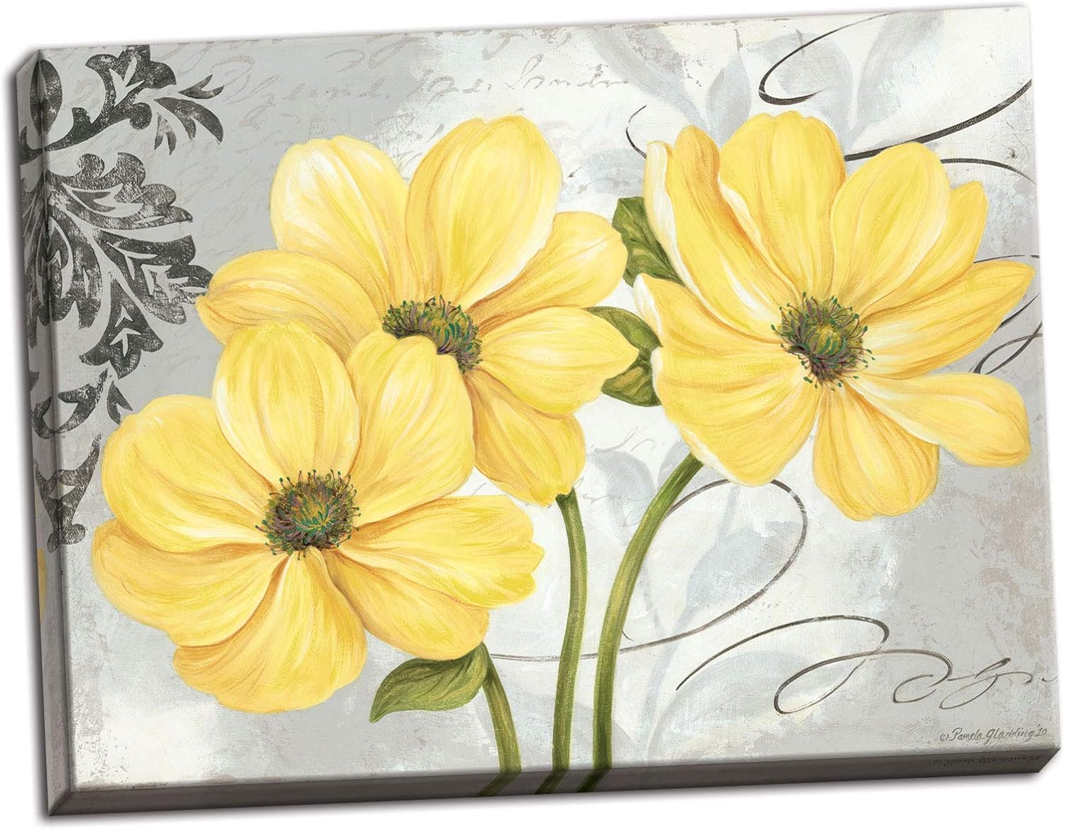Gango Home Décor Colori Yellow I Beautiful Grey and Yellow Floral Canvas; One 20x16in Hand-Stretched Canvas