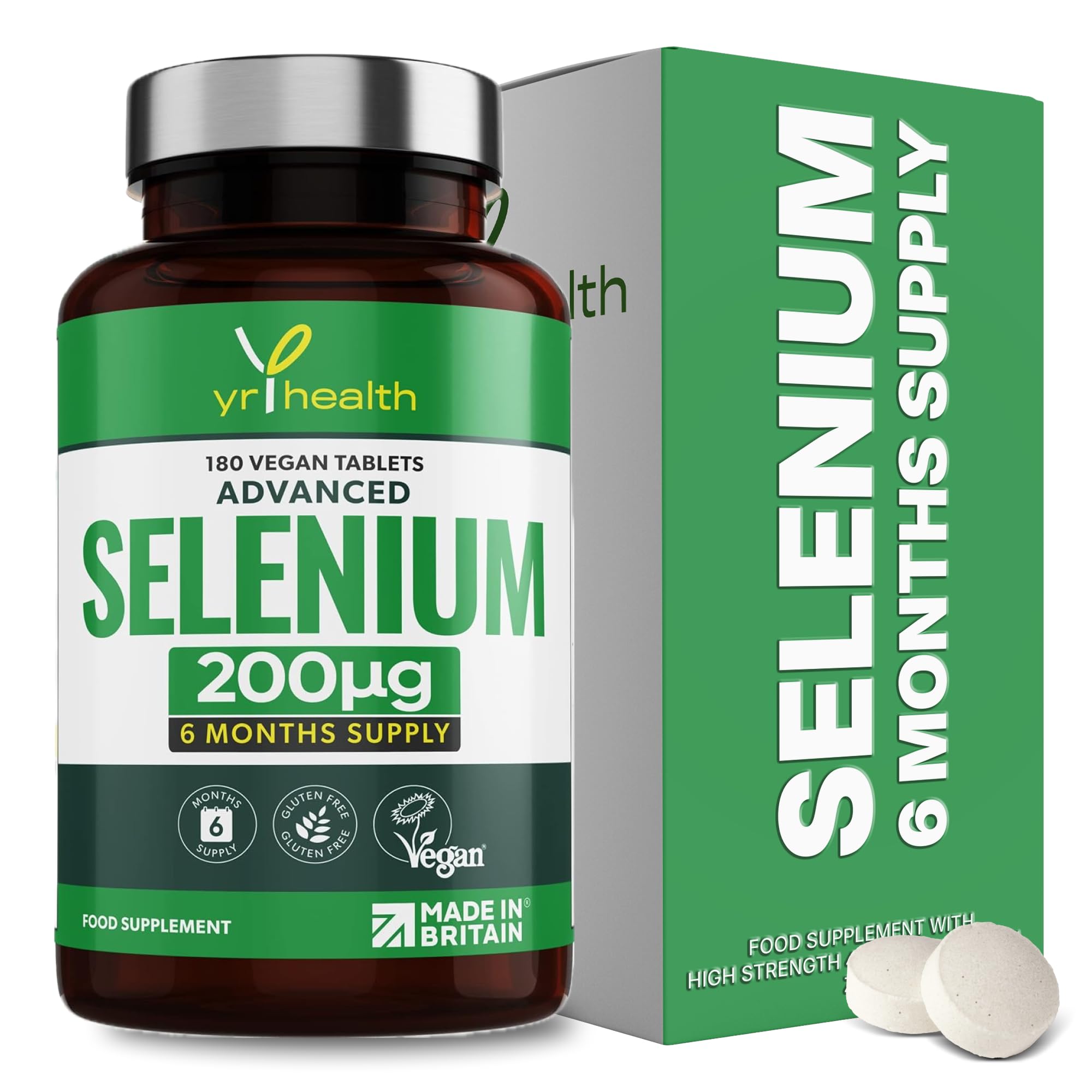 Selenium 200mcg Tablets - 180 Vegan Society Registered Pills, for Thyroid and Immune Health, Hair, Skin and Nails - 6 Month Supply Tablets Not Capsules - Made in The UK By YrHealth