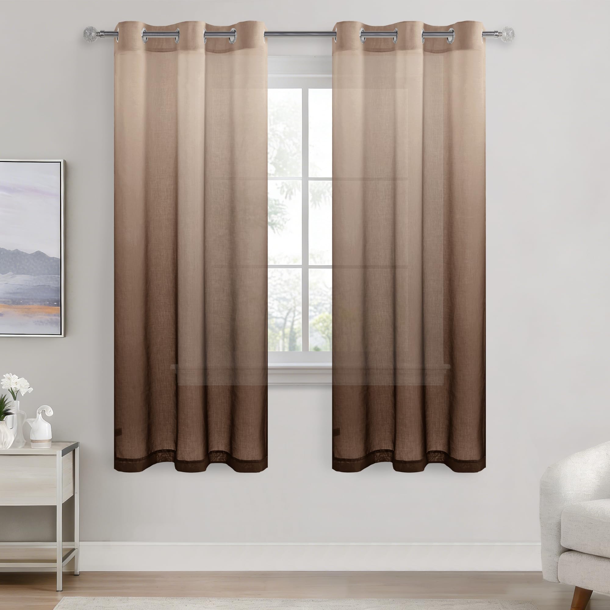 DWCN Voile Curtain Brown Gradient Curtains for Living Room Eyelet Net Curtains for Windows Sheer Curtains for Bedroom Set of 2, 46 x 72 Inches