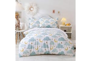 BESTDESIL Kids Duvet Cover Set Full,Soft Microfiber Comforter Cover with Cloud and Moon Pattern,3 Pcs Bedding Set with Zipper and Corner Ties,Full Size
