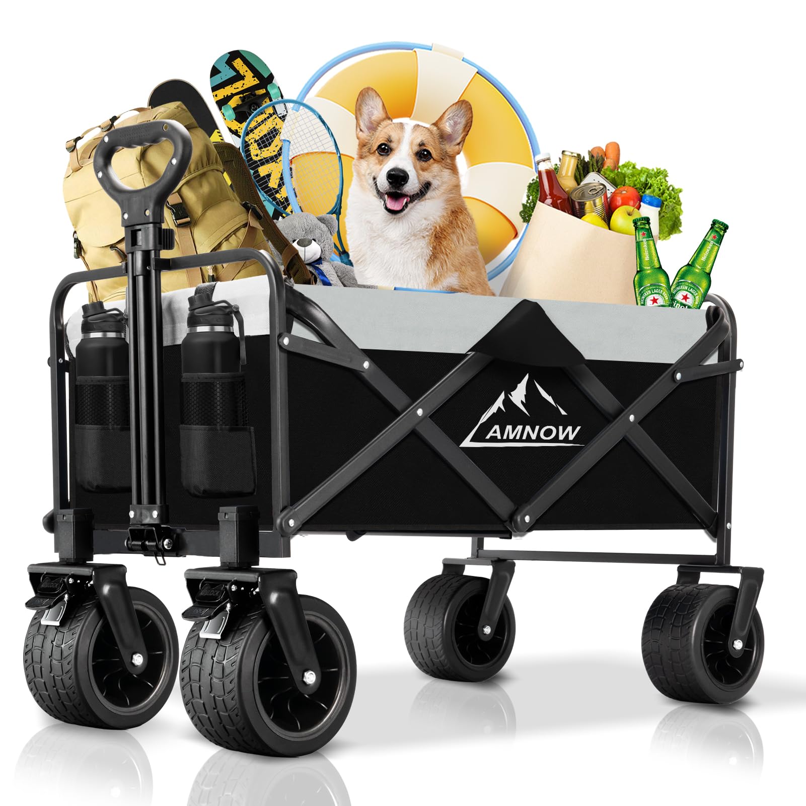 Collapsible Foldable Wagon, Utility Large Capacity Beach Wagon with Big Wheels, Shopping Wagons Cart with Side Pocket and Brakes for Sand Garden Grocery Sports Camping Image