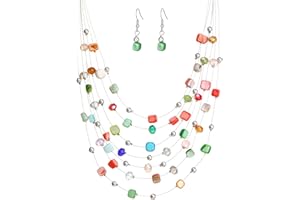 ERRALLY Multi-Layer Boho Shell Beaded Necklace for Women Colorful Crystal Strand with Silver Beads Statement Collars Necklace and Earrings Costumes Jewelry Sets for Women