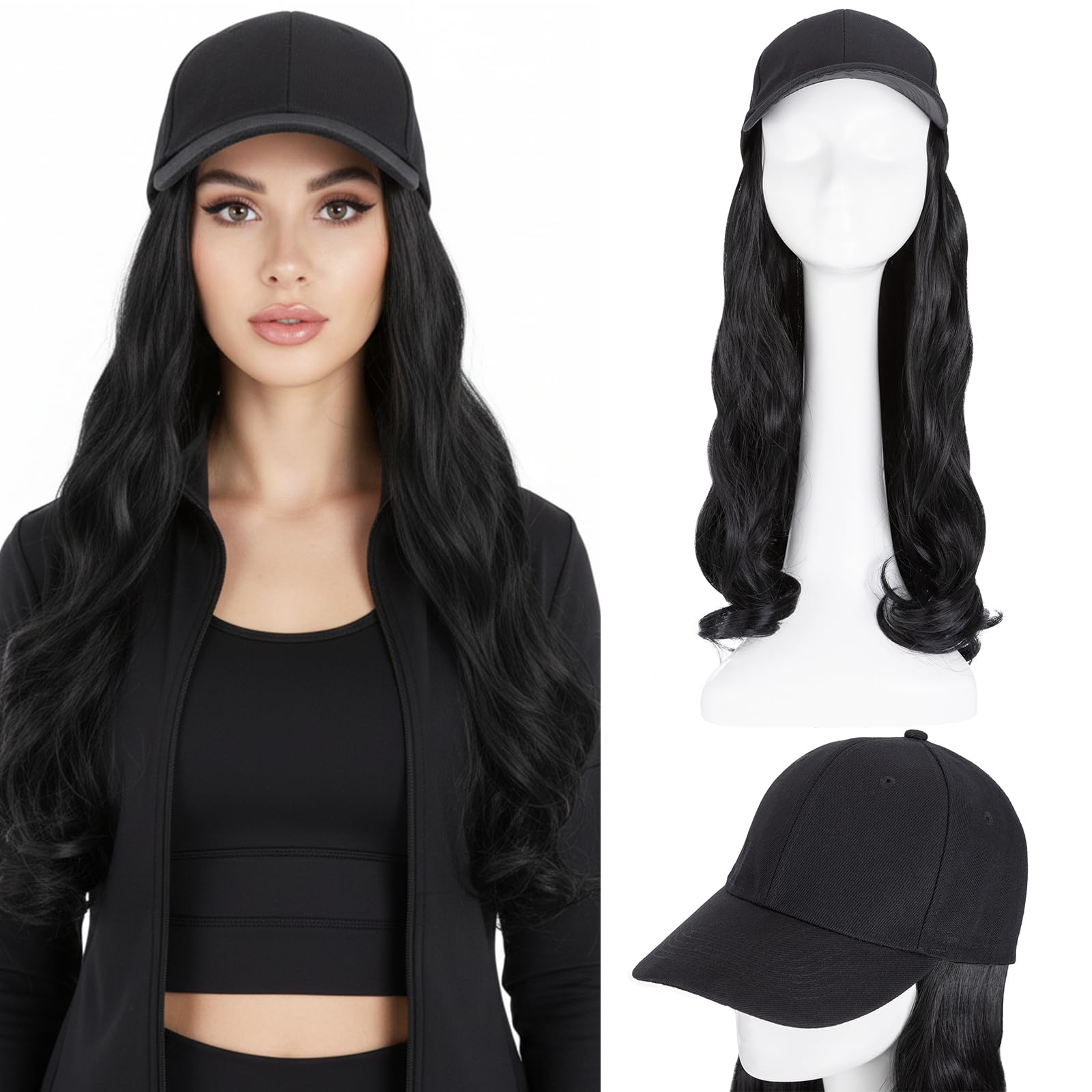 Long Curly Wavy Hair Extensions Wig With Baseball Hat Attached Synthetic Hairpiece Cap Hair Wigs (16"-Body Wave, Black) — image 1