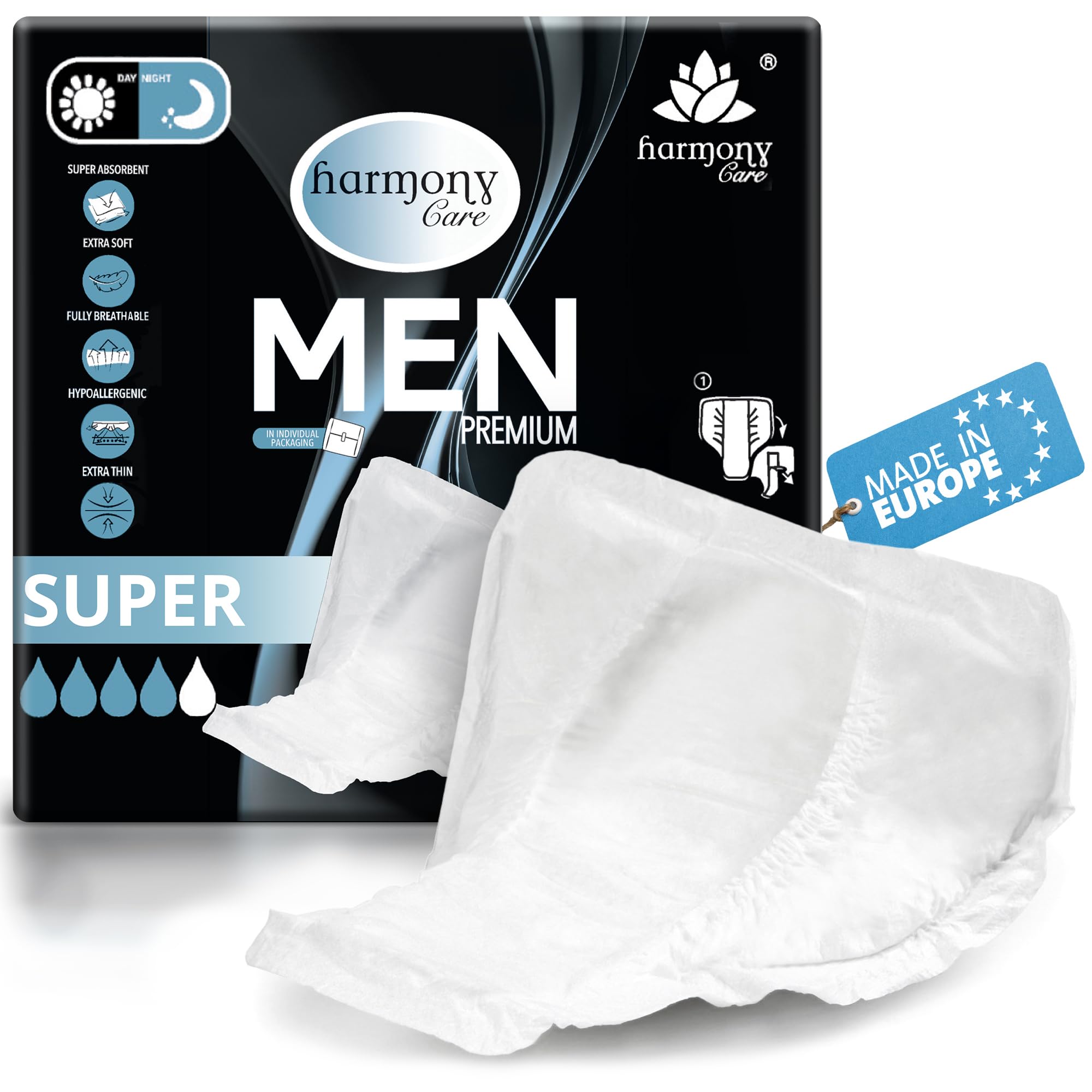 Harmony Care® Men SUPER saugstarke Inkontinenzeinlagen für Männer bei leichter bis mittlerer Blasenschwäche - diskrete Einlagen für Männer bei Inkontinenz - 20 Stück