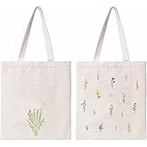Kazova Floral Cotton Canvas Tote Bag Aesthetic Flower Tote Minimalist Bouquet Reusable Canvas Bag With Handles Grocery Shopping Botanical Wildflower Canvas Bag